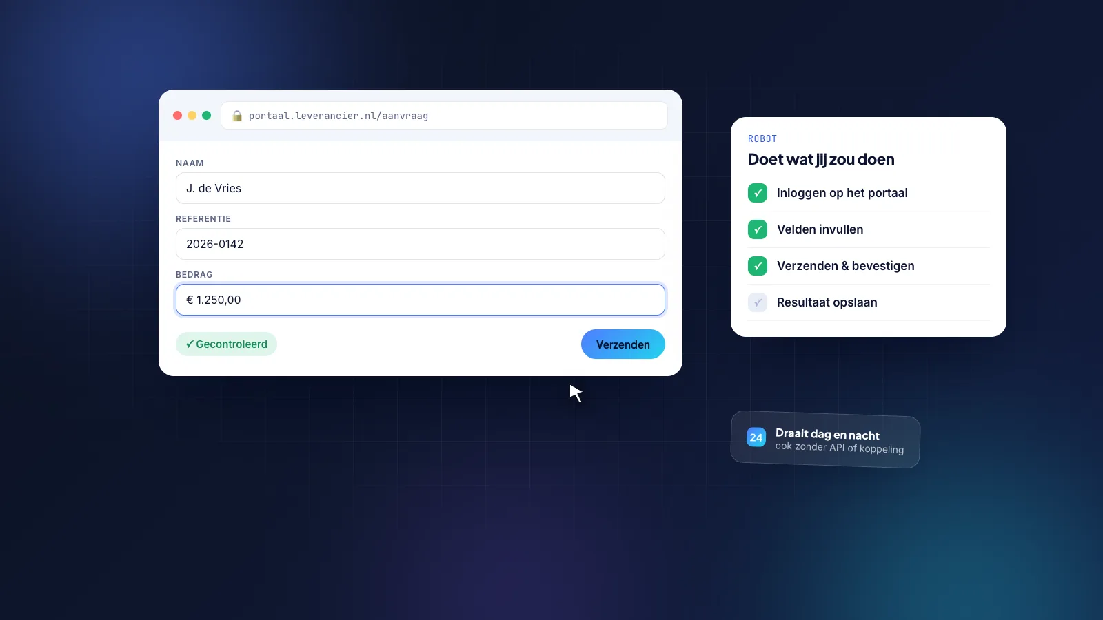 Browservenster met een leveranciersportaal dat automatisch wordt ingevuld door een script, naast een logboek