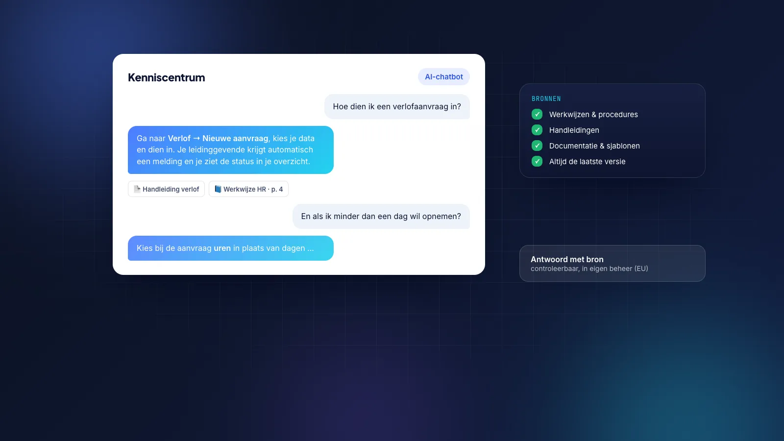 Medewerker stelt op een laptop een vraag aan een chatbot en krijgt een antwoord met verwijzing naar een handleiding