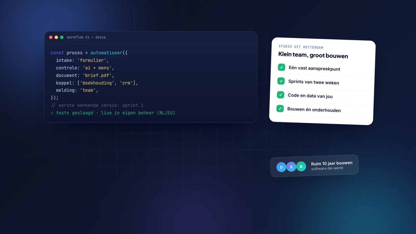 Code-editor met een geautomatiseerd proces naast een kaart met de werkafspraken van Dosya